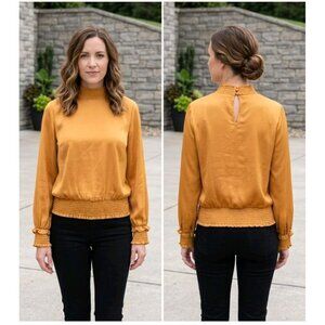 ODDI Mustard Yellow Smocked Waist Mock Neck Blouse Top Medium M Long Sleeve